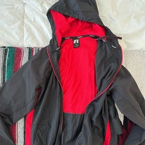 Red and black Russell rain jacket, size M